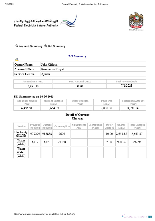 UAE Dubai Federal Electricity & Water Authority electricity, water utility bill Word and PDF formats